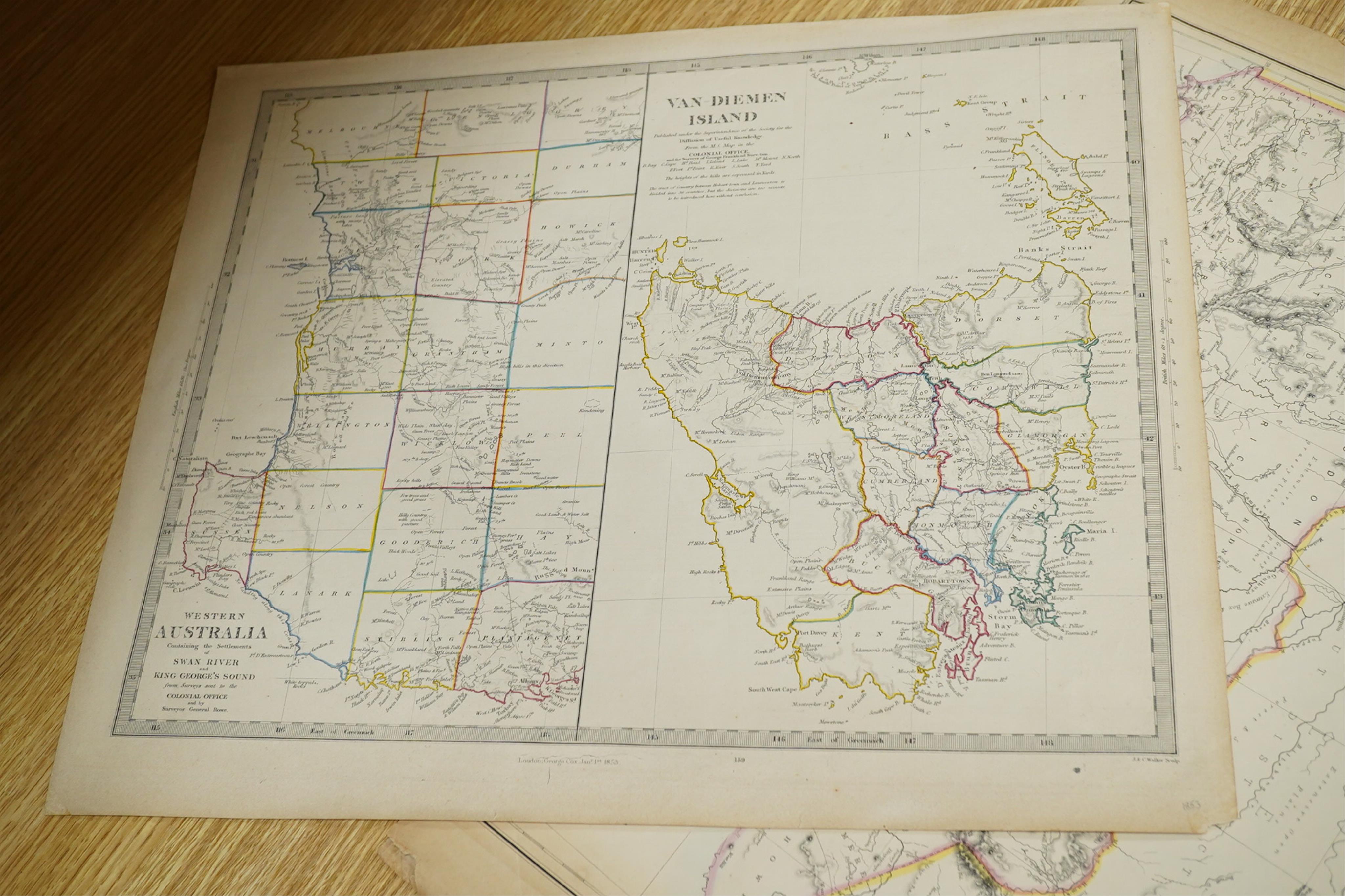 A collection of 19th century engraved maps to include Western Australia, Tasmania and New South Wales, unframed, largest 42 x 35cm. Condition - some foxing and discolouration